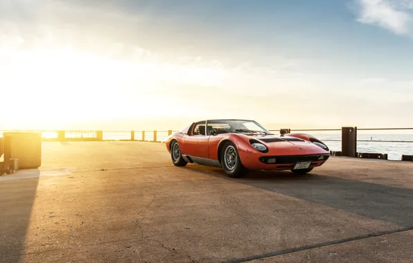 Sunset, The sun, The sky, Color, Sea, Auto, Lamborghini, Machine