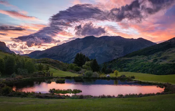 Picture the sky, clouds, trees, sunset, mountains, lake, valley, New Zealand