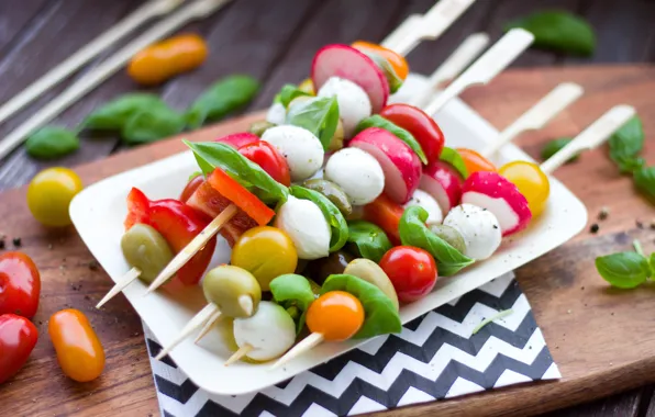 Picture summer, BBQ, tomatoes, olives, Basil