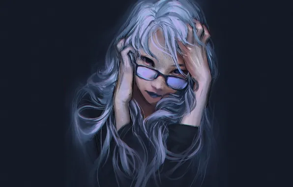 Picture face, the dark background, figure, hands, glasses, pastel, blue hair, portrait of a girl