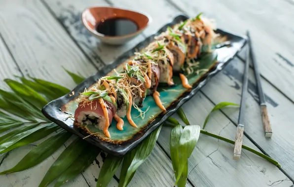 Sticks, rolls, soy sauce