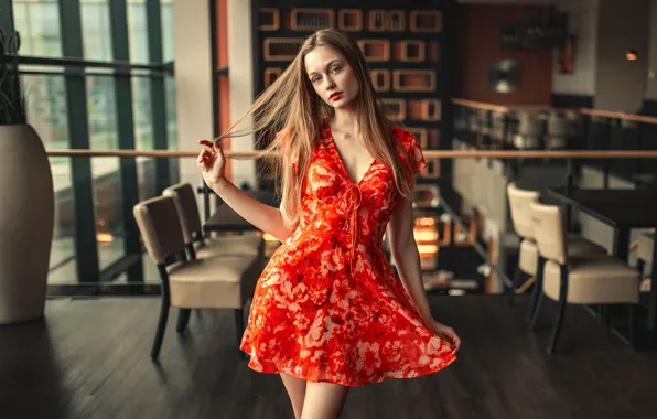 Picture look, girl, model, portrait, figure, dress, brown hair, in red