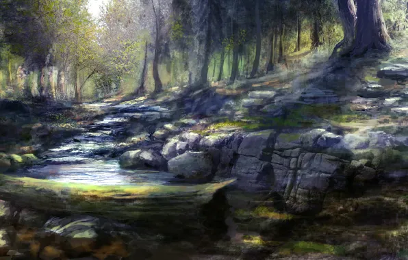 Forest, river, stones, art