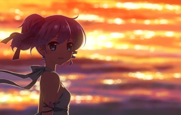 Girl, sunset, smile, anime, art, yuuki tatsuya