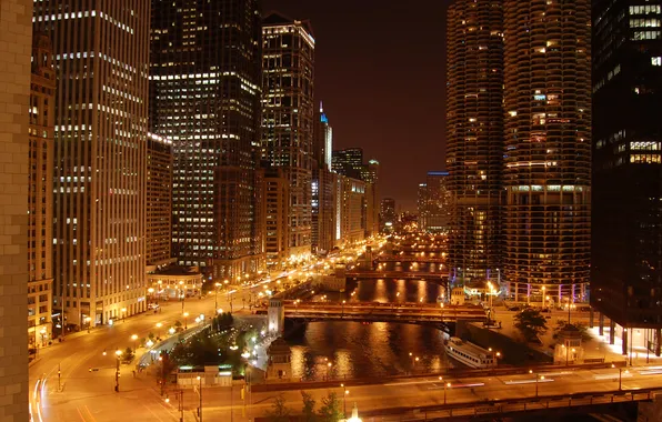 Picture night, lights, river, skyscrapers, bridges, Chicago, Chicago