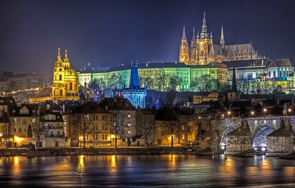 Night, bridge, the city, river, Prague, Czech Republic, architecture, night
