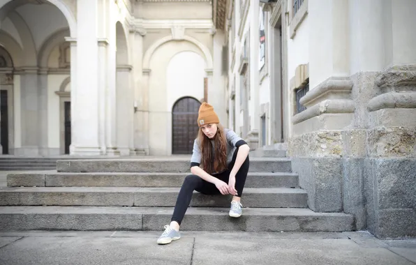 Girl, pose, street, hat, hair, stage, steps, sitting