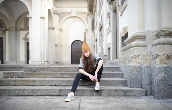Picture girl, pose, street, hat, hair, stage, steps, sitting