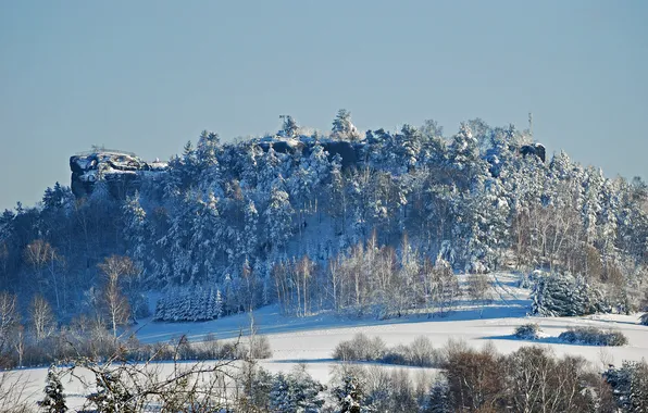 Winter, the sky, snow, trees, rock, mountain