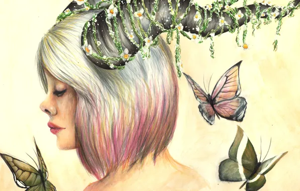 Girl, flowers, butterfly, horns, art