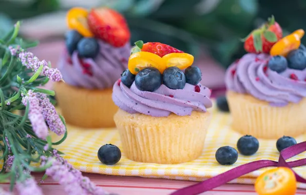 Flowers, berries, oranges, blueberries, strawberry, cream, dessert, bokeh