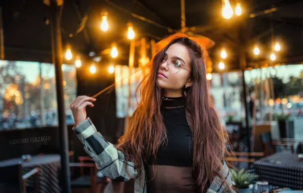 Girl, light, glasses, light bulb, bokeh, Gustavo Terzaghi