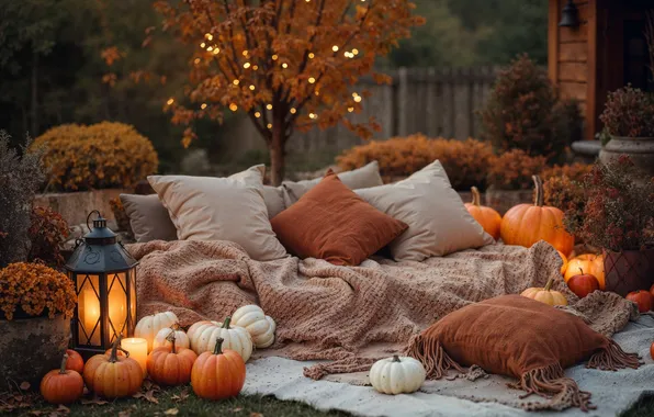 Autumn, lights, comfort, house, sofa, glade, pillow, candles