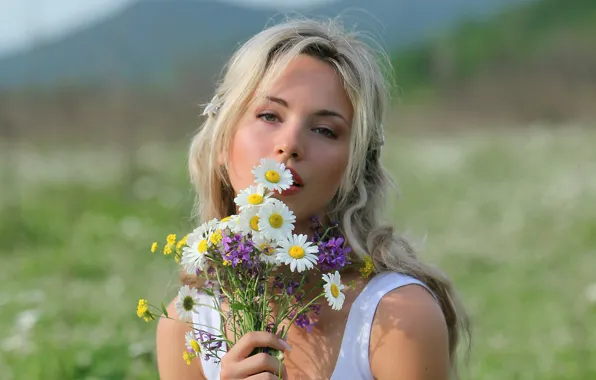 Picture field, summer, flowers, blonde, bokeh, Natalia