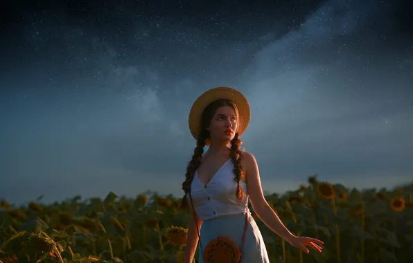 Field, summer, the sky, look, girl, sunflowers, pose, skirt