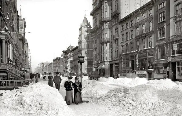 Winter, snow, retro, street, New York, USA, 1905-God