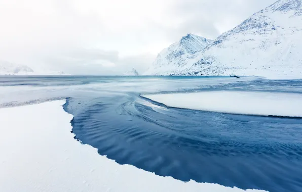 Picture water, snow, mountains, Norway