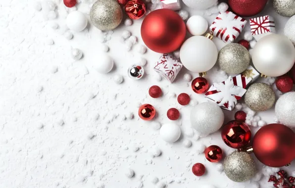 Balls, snow, Christmas, red, white background, New year, white, different