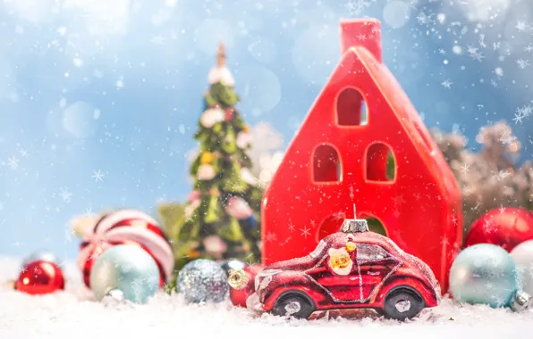 Balls, snow, holiday, toys, Christmas, New year, house, machine