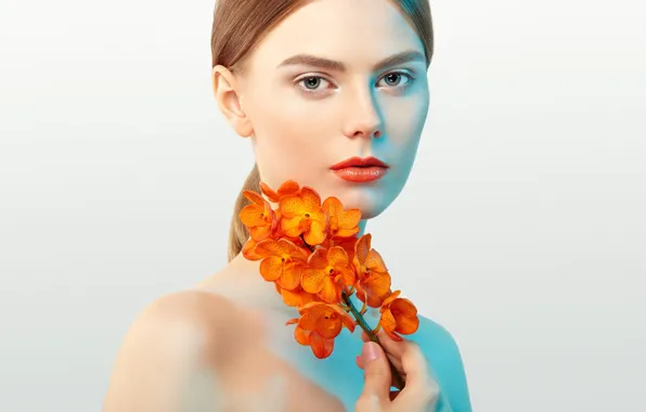 Look, girl, flowers, portrait, Orchid, Oleg Gekman