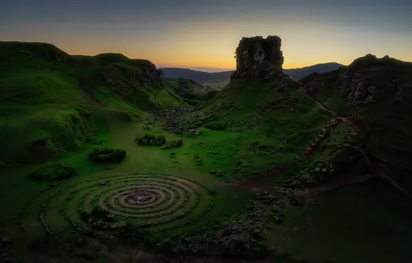 Field, circles, mountains, stones, rocks, maze, megaliths