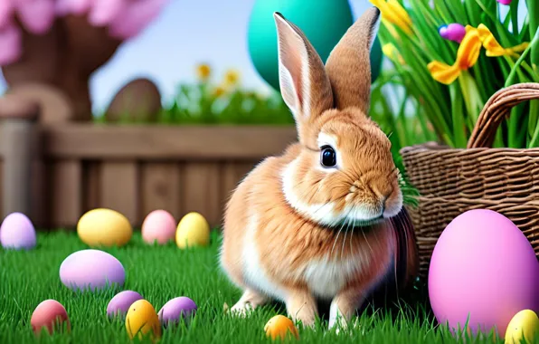 Grass, flowers, holiday, glade, the fence, eggs, spring, garden