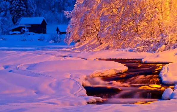Picture winter, light, snow, night, nature, river, stream, the evening