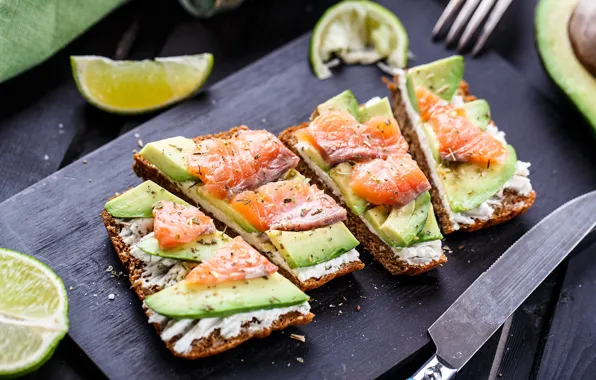 Fish, lime, avocado, sandwiches