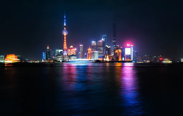 Picture night, reflection, river, China, Shanghai, Oriental Pearl Tower, Shanghai Tower, Shanghai World Financial Center