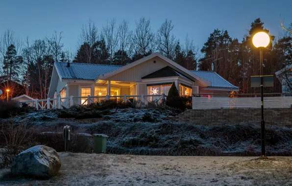 Picture lights, the evening, winter, lights, home, trees, Sweden