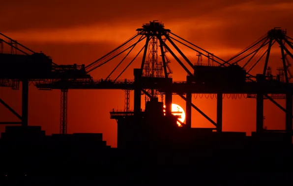 Sunset, The sun, Port, Dawn, Silhouette, Crane, The ship, Cranes