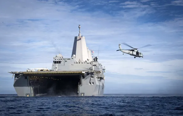 Ocean, helicopter, flag, San Antonio, powerful, navy, american navy, amphibious