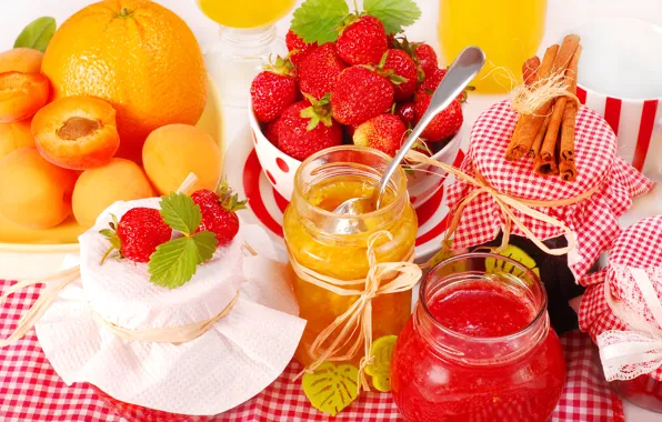 Picture orange, strawberry, banks, cinnamon, apricot, jam, orange, strawberry