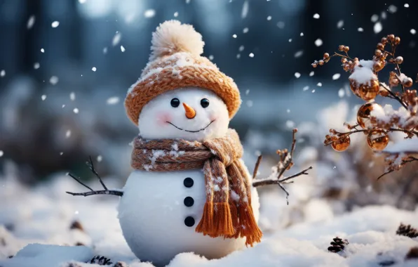 Winter, snow, New Year, Christmas, snowman, happy, Christmas, night