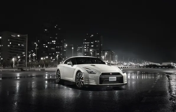 Night, the city, Nissan, GT-R, skyscrapers, R35