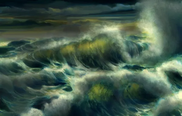 Sea, wave, foam, water, storm, the ocean, art