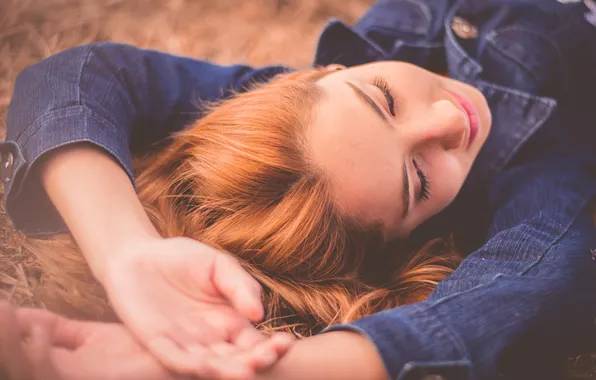 Girl, pose, lies, red