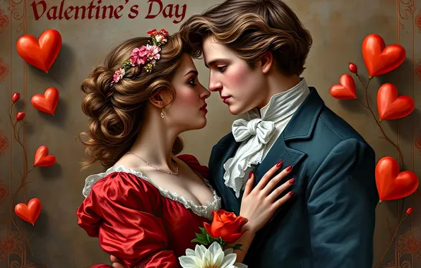 Love, flowers, woman, pair, hearts, male, gentleman, lady