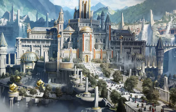 The sky, mountains, fantasy, art, Palace