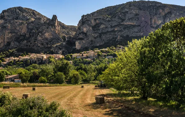 Greens, field, the sun, trees, mountains, rocks, France, home