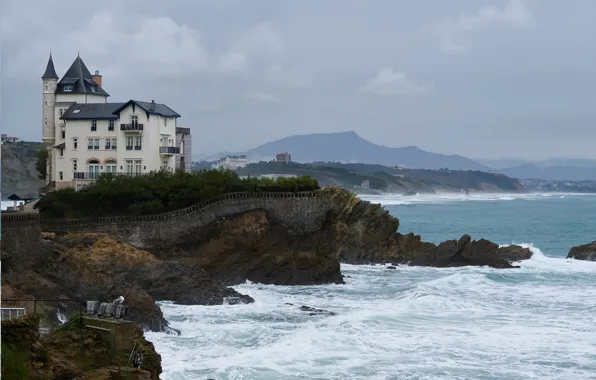 Mountains, storm, house, the ocean, France