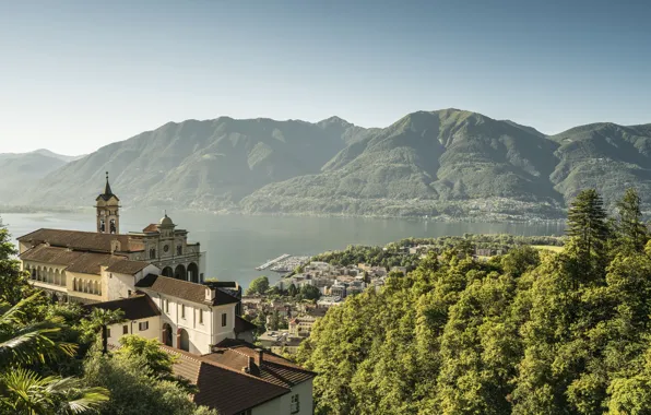 Mountains, the city, lake, Switzerland, Ticino, Locarno, The monastery Madonna del Sasso, Madonna del Sasso …