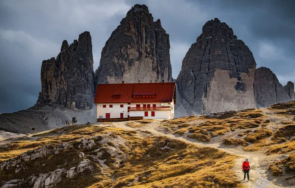 Mountains, clouds, house, stones, rocks, the descent, tops, people