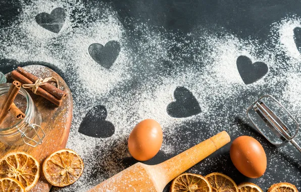 Table, eggs, oranges, Bank, hearts, placer, cinnamon, grey background