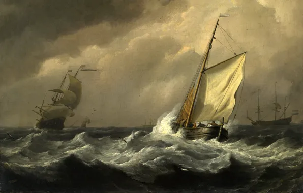 Picture sea, wave, storm, ships, storm, picture, painting, sailors