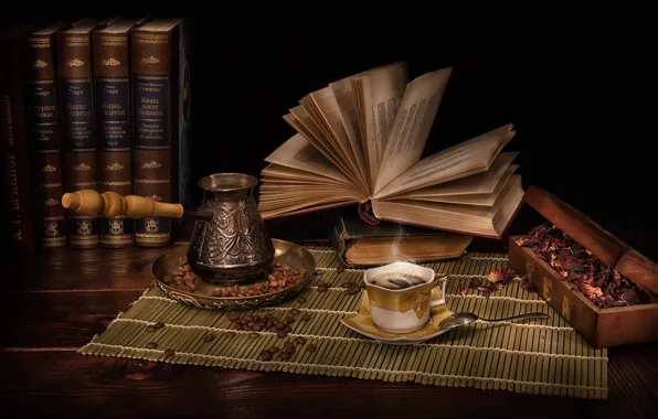 Picture style, books, coffee, petals, still life, coffee beans, Turk