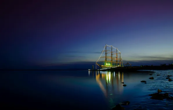 Picture night, lights, ship, sailboat
