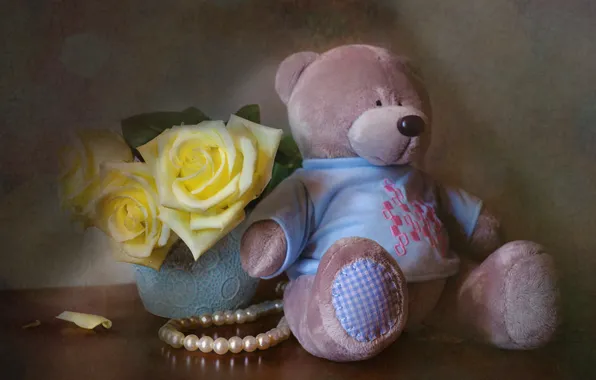 Joy, flowers, table, toy, roses, bear, pearl, beads