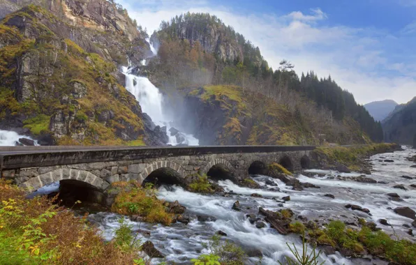 Picture forest, the sky, trees, mountains, bridge, nature, river, stones