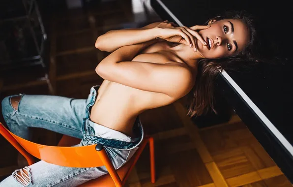 Chest, jeans, makeup, brunette, hairstyle, Nude, posing, on the chair